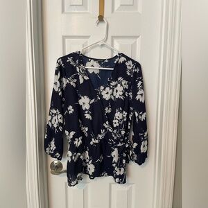West Kei Floral Navy and White Faux Wrap Side Tie Blouse